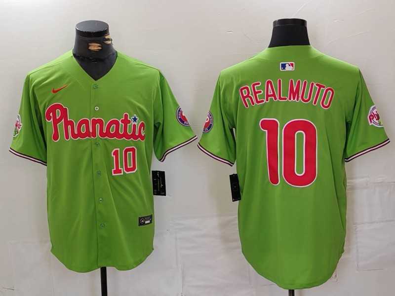 Mens Philadelphia Phillies #10 JT Realmuto Number Green With Patch Stitched Cool Base Nike Jersey